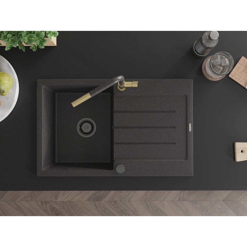 Mexen Bruno chiuvetă de granit cu 1 cuvă cu scurgător și baterie de bucătărie Flora, negru pătat - 6513-76-670401-75-B