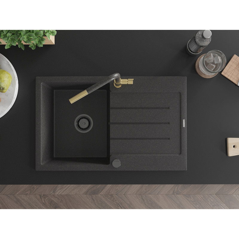 Mexen Bruno egymedencés gránit mosogató csepegtetővel és Flora konyhai csapteleppel, fekete pettyes - 6513-76-670401-75-B