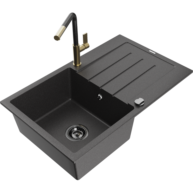 Mexen Bruno chiuvetă de granit cu 1 cuvă cu scurgător și baterie de bucătărie Flora, negru pătat - 6513-76-670401-75-B