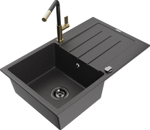 Mexen Bruno chiuvetă de granit cu 1 cuvă cu scurgător și baterie de bucătărie Flora, negru pătat - 6513-76-670401-75-B