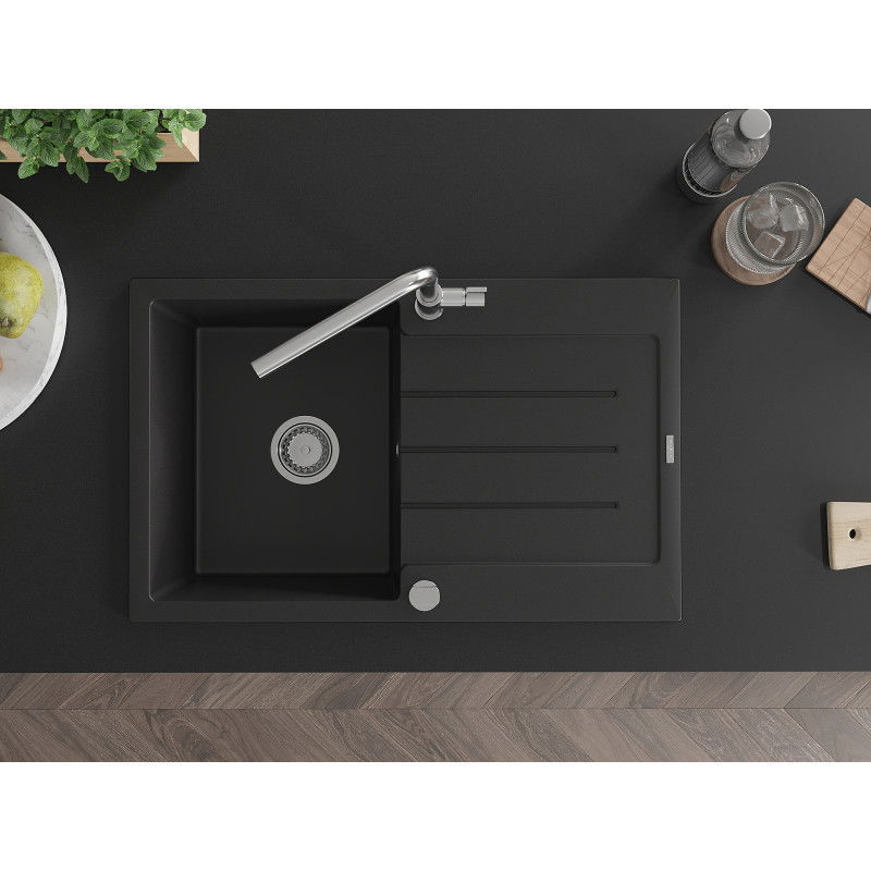 Mexen Bruno chiuvetă de granit cu 1 compartiment cu picurător și baterie de bucătărie Flora, negru - 6513-77-670401-00