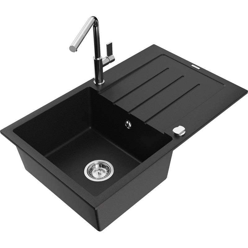 Mexen Bruno chiuvetă de granit cu 1 compartiment, cu scurgător și baterie de bucătărie Flora, negru - 6513-77-670401-00