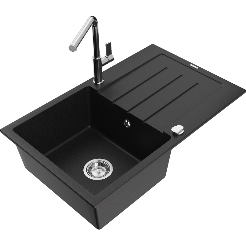 Mexen Bruno gránit egymedencés mosogató lefolyóval és Flora konyhai csapteleppel, fekete - 6513-77-670401-00