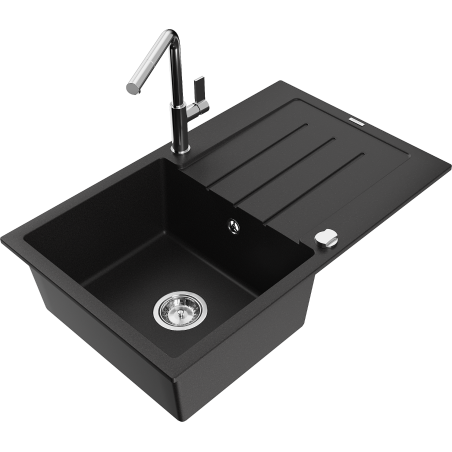 Mexen Bruno gránit egymedencés mosogató lefolyóval és Flora konyhai csapteleppel, fekete - 6513-77-670401-00