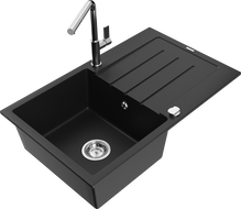 Mexen Bruno gránit egymedencés mosogató lefolyóval és Flora konyhai csapteleppel, fekete - 6513-77-670401-00