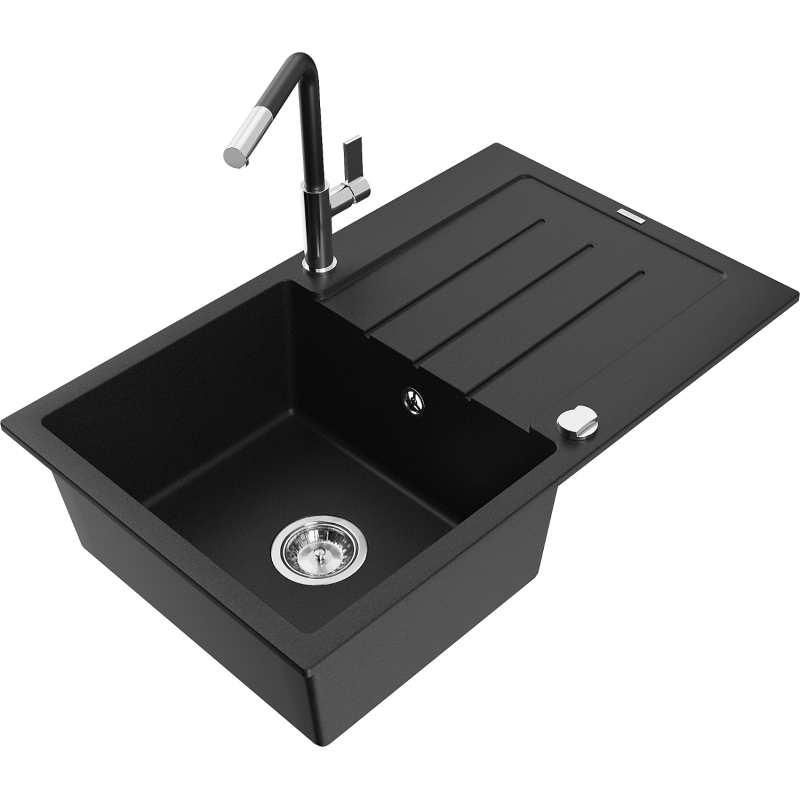 Mexen Bruno egymedencés gránit mosogató csepegtetővel és Flora konyhai csapteleppel, fekete - 6513-77-670401-07