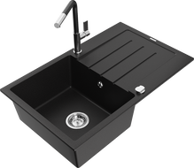 Mexen Bruno chiuvetă granit 1-cameră cu scurgător și baterie de bucătărie Flora, negru - 6513-77-670401-07