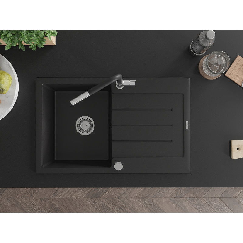 Mexen Bruno chiuvetă granit 1-cameră cu scurgător și baterie de bucătărie Flora, negru - 6513-77-670401-07
