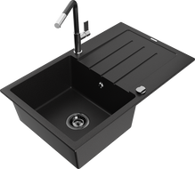 Mexen Bruno chiuvetă de granit cu 1 compartiment cu scurgător și baterie de bucătărie Flora, negru - 6513-77-670401-07-B