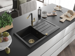 Mexen Bruno chiuvetă granit 1-certă cu scurgător și baterie de bucătărie Flora, negru - 6513-77-670401-57-G