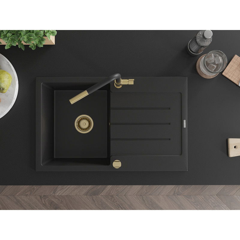 Mexen Bruno chiuvetă granit 1-certă cu scurgător și baterie de bucătărie Flora, negru - 6513-77-670401-57-G