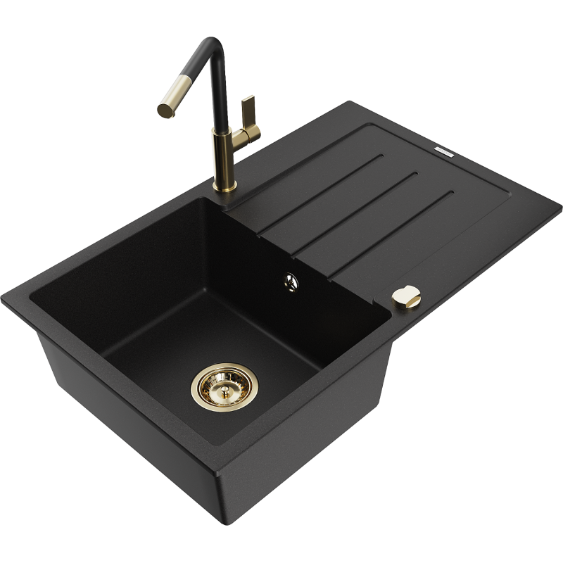 Mexen Bruno chiuvetă granit 1-certă cu scurgător și baterie de bucătărie Flora, negru - 6513-77-670401-57-G