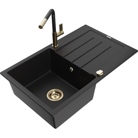 Mexen Bruno chiuvetă granit 1-certă cu scurgător și baterie de bucătărie Flora, negru - 6513-77-670401-57-G