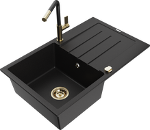 Mexen Bruno chiuvetă granit 1-certă cu scurgător și baterie de bucătărie Flora, negru - 6513-77-670401-57-G