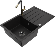 Mexen Bruno chiuvetă de granit cu 1 compartiment cu scurgător și baterie de bucătărie Flora, negru - 6513-77-670401-57-B