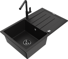 Mexen Bruno egykamrás gránit mosogató csepegtetővel és Flora konyhai csapteleppel, fekete - 6513-77-670401-70-B