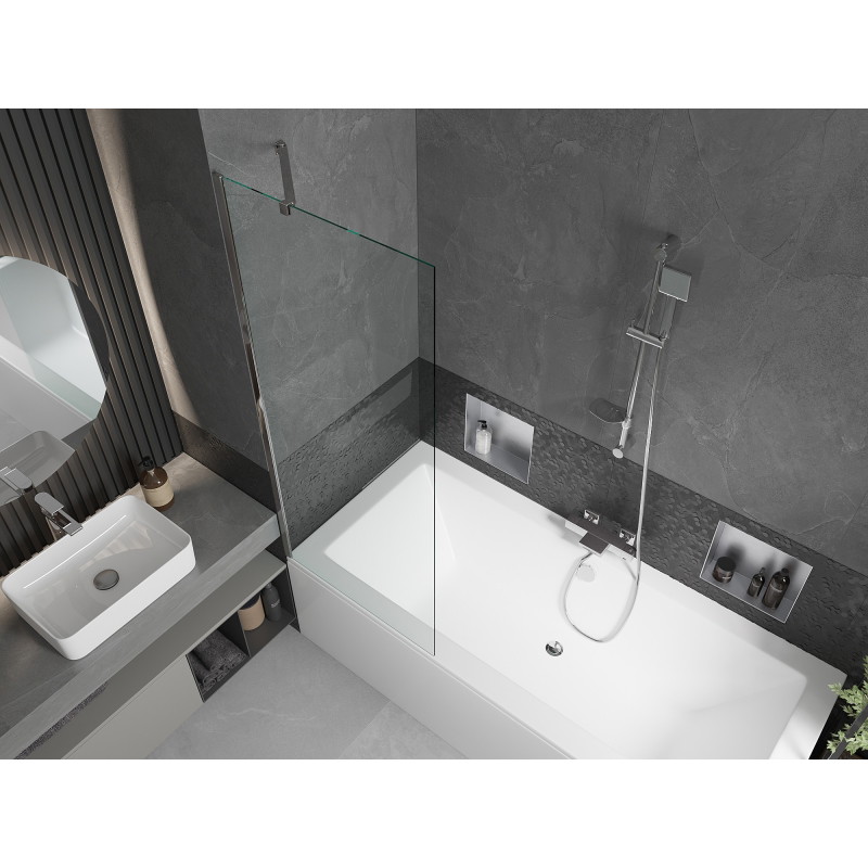Mexen Cube téglalap alakú kád 170 x 80 cm burkolattal és 1 szárnyú paravánnal 70 cm, átlátszó, króm
