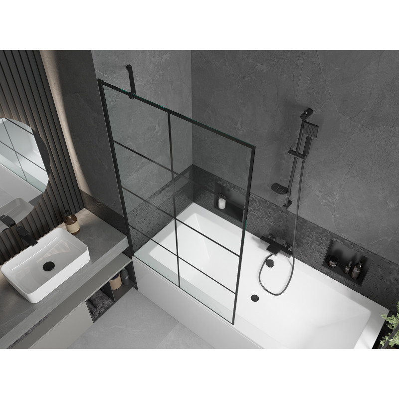 Mexen Cube téglalap alakú kád 170 x 80 cm burkolattal és egyszárnyú paravánnal 100 cm, fekete minta