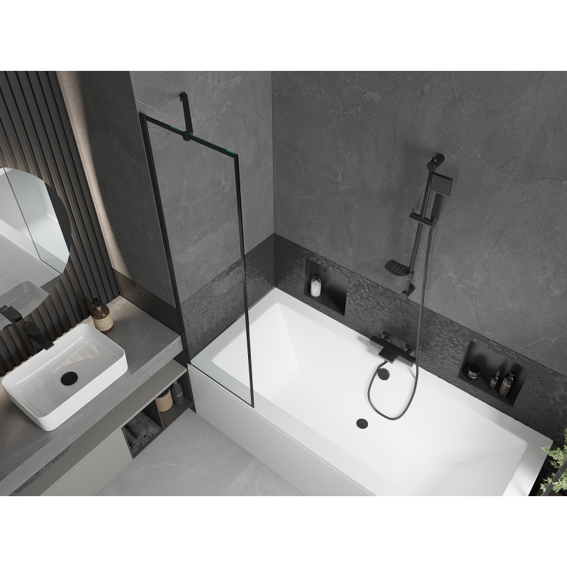 Mexen Cube téglalap alakú kád 180 x 80 cm burkolattal és 1 szárnyú paravánnal 50 cm, fekete mintás