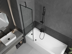 Mexen Cubik cadă dreptunghiulară de 150 x 70 cm cu panouri si paravan cu 1 aripă 50 cm, Model negru - 550315070X9505007070