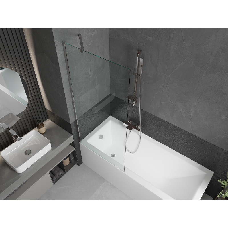 Mexen Cubik téglalap alakú kád 150 x 70 cm burkolattal és 1-szárnyú paravánnal 80 cm, átlátszó, króm