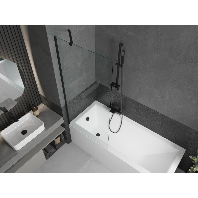 Mexen Cubik cadă dreptunghiulară 150 x 70 cm cu îmbrăcăminte și paravan cu 1 aripă de 80 cm, transparent, negru