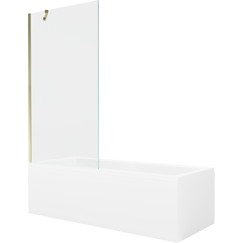 Mexen Cubik cadă dreptunghiulară 150 x 70 cm cu panou și paravan 1-foaie 90 cm, transparent, auriu - 550315070X9509000050