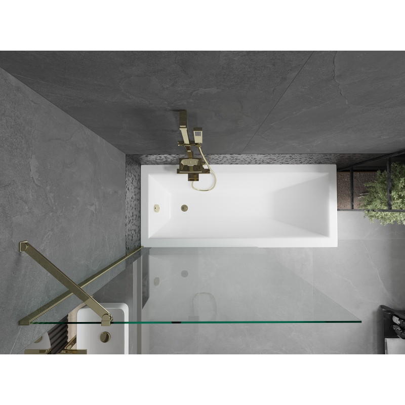 Mexen Cubik cadă dreptunghiulară 150 x 70 cm cu cadru și paravan cu 1 canat 100 cm, transparent, auriu - 550315070X9510000050