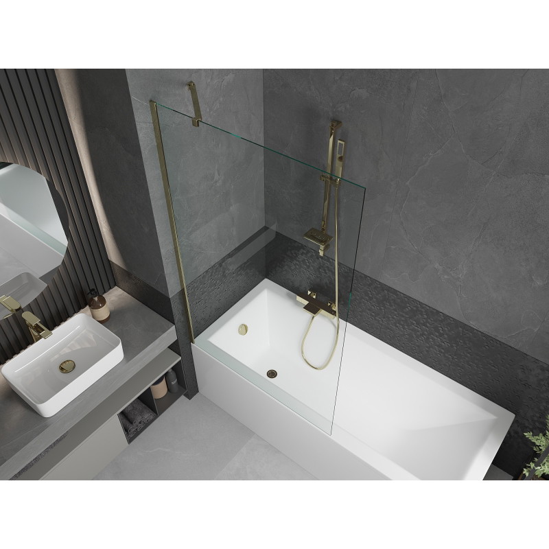Mexen Cubik cadă dreptunghiulară 170 x 70 cm cu panou și paravan cu 1 canat 100 cm, transparent, auriu - 550317070X9510000050