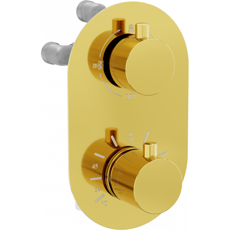 Mexen Kai termosztatikus 3 kimenetes kád-zuhany csaptelep, arany - 77602-50