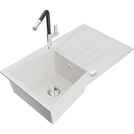 Mexen Cesar chiuvetă granit 1-camerală cu picurător și baterie de bucătărie Flora, alb - 6514-20-670401-07