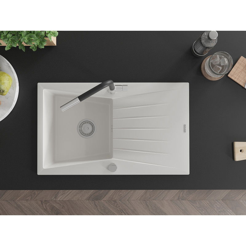 Mexen Cesar chiuvetă granit 1-camerală cu picurător și baterie de bucătărie Flora, alb - 6514-20-670401-07