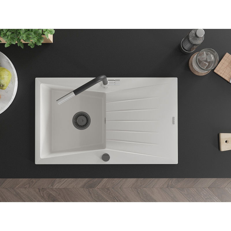 Mexen Cesar chiuvetă din granit cu o cuvă și picurător și baterie de bucătărie Flora, alb - 6514-20-670401-07-B