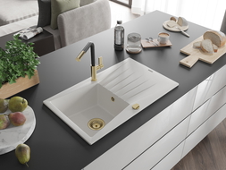 Mexen Cesar egymedencés gránit mosogatótálca csepegtetővel és Flora konyhai csapteleppel, fehér - 6514-20-670401-57-G