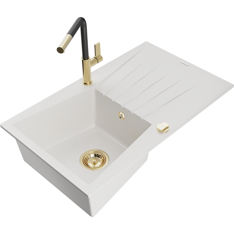 Mexen Cesar chiuvetă de granit cu 1 compartiment cu scurgător și baterie de bucătărie Flora, alb - 6514-20-670401-57-G