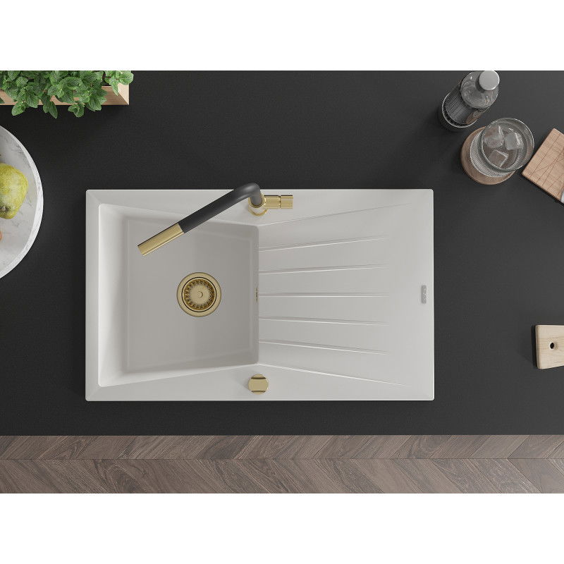 Mexen Cesar egymedencés gránit mosogatótálca csepegtetővel és Flora konyhai csapteleppel, fehér - 6514-20-670401-57-G