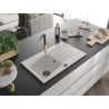 Mexen Cesar chiuvetă de granit cu un compartiment, cu picurător și baterie de bucătărie Flora, Albă - 6514-20-670401-57-B