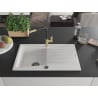 Mexen Cesar chiuvetă de granit cu un compartiment, cu picurător și baterie de bucătărie Flora, Albă - 6514-20-670401-57-B