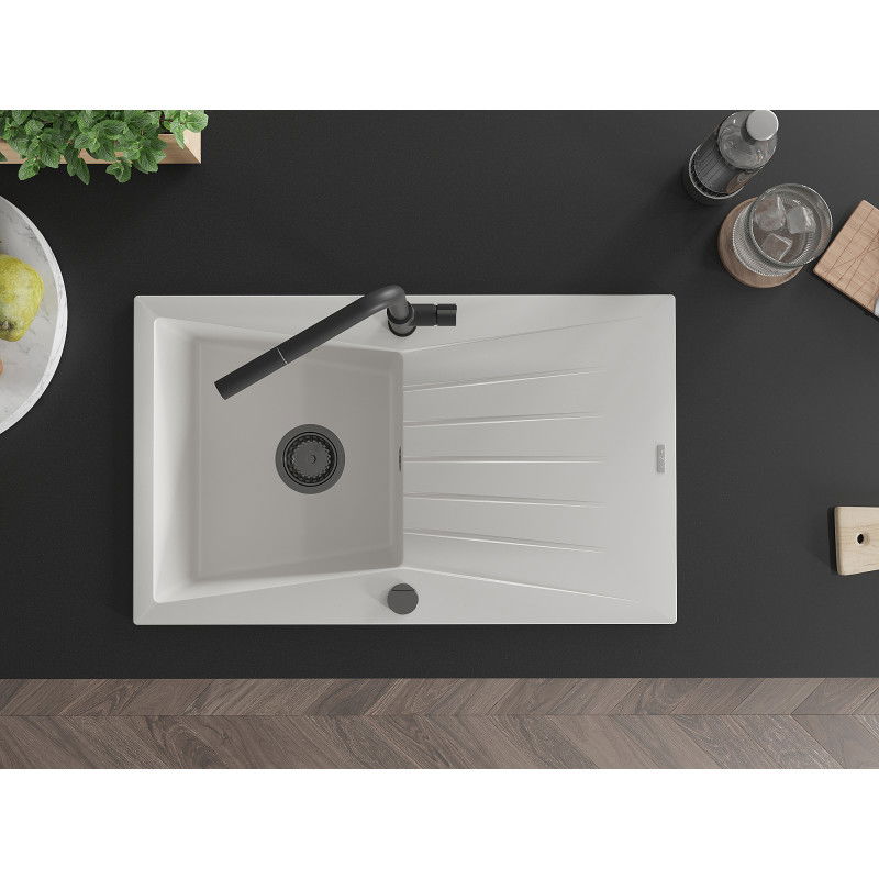 Mexen Cesar 1-medencés gránit mosogató csepegtetővel és Flora konyhai csapteleppel, fehér - 6514-20-670401-70-B