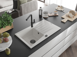 Mexen Cesar 1-medencés gránit mosogató csepegtetővel és Flora konyhai csapteleppel, fehér - 6514-20-670401-70-B