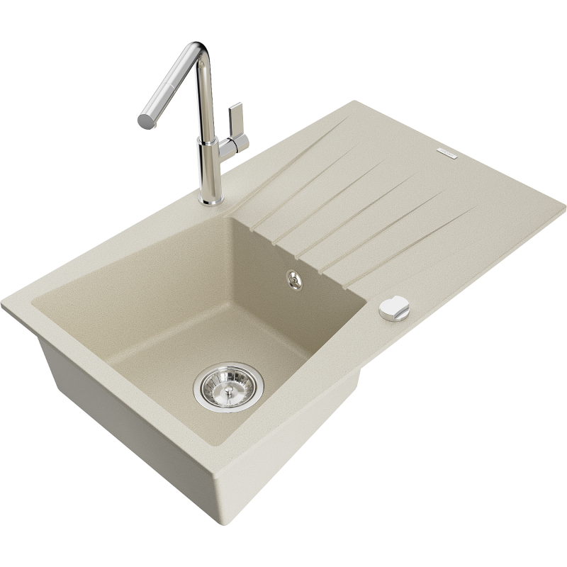 Mexen Cesar egymedencés gránit mosogató csepegtetővel és Flora konyhai csapteleppel, bézs - 6514-69-670401-00