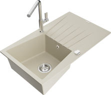 Mexen Cesar chiuvetă de granit cu 1 compartiment și scurgător, cu baterie de bucătărie Flora, bej - 6514-69-670401-00
