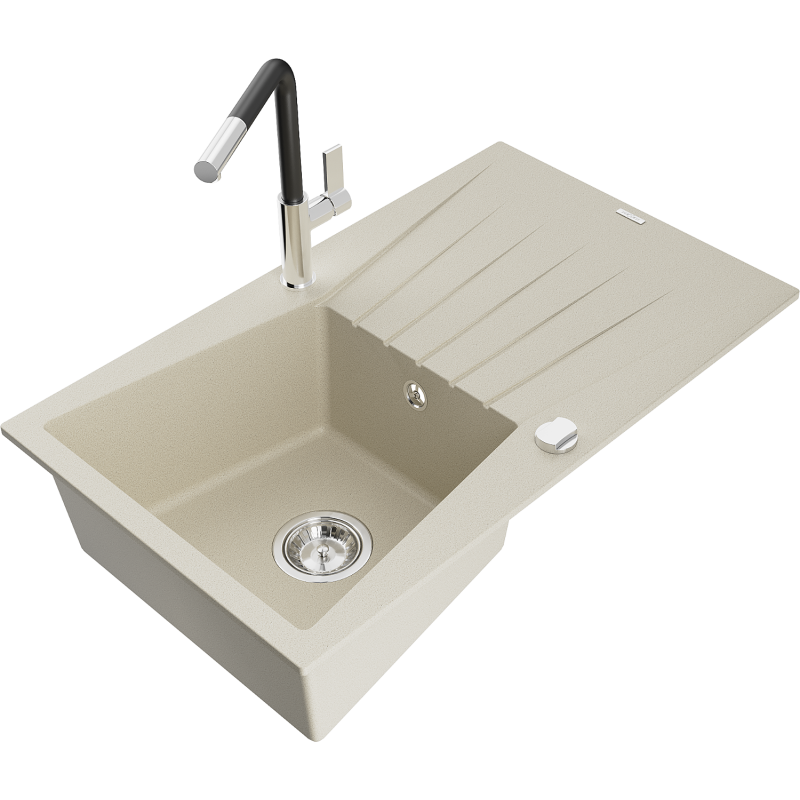 Mexen Cesar gránit mosogató 1-medencés csepegtetővel és Flora konyhai csapteleppel, bézs - 6514-69-670401-07