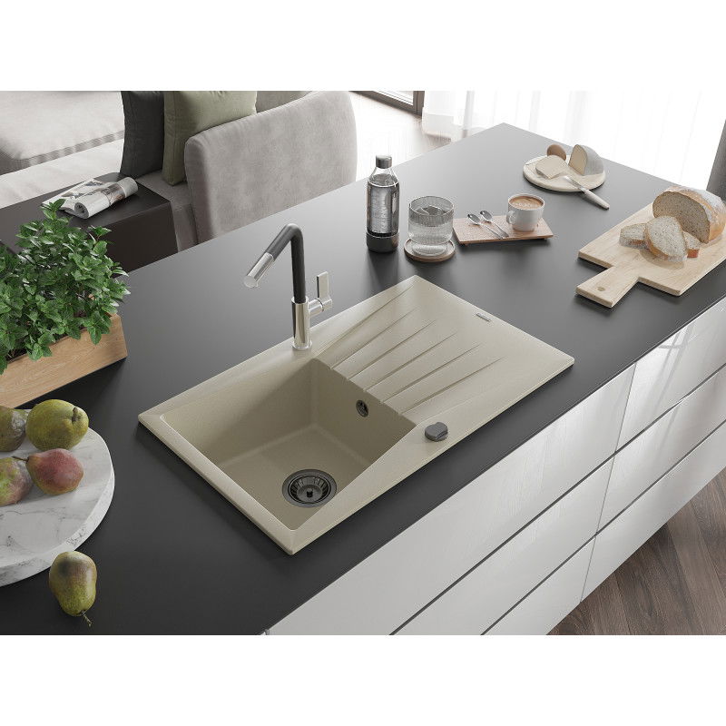 Mexen Cesar 1-medencés gránit mosogató csepegtetővel és Flora konyhai csappal, bézs - 6514-69-670401-07-B