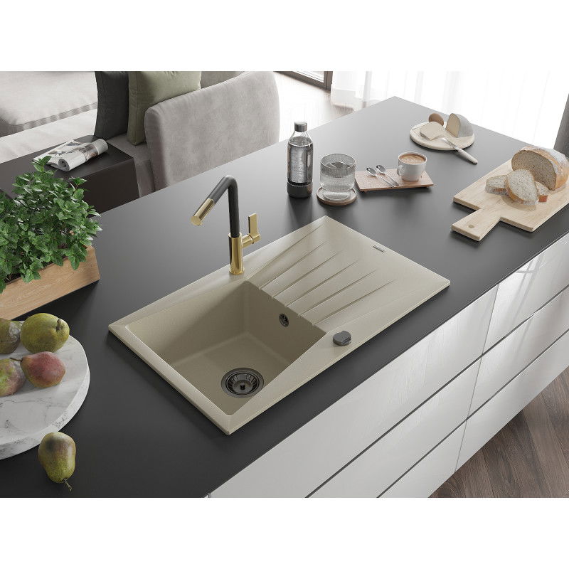 Mexen Cesar egymedencés gránit mosogató csepegtetővel és Flora konyhai csapteleppel, bézs - 6514-69-670401-57-B