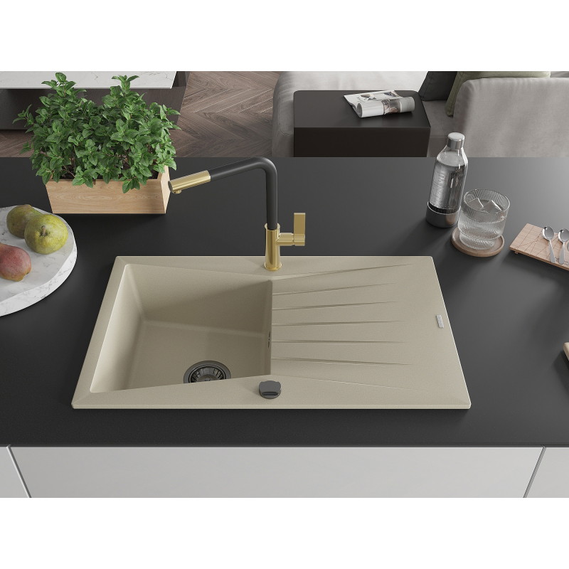 Mexen Cesar 1 rekeszes gránit mosogató csepegtetővel és Flora konyhai csapteleppel, beige - 6514-69-670401-57-B