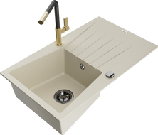 Mexen Cesar 1 rekeszes gránit mosogató csepegtetővel és Flora konyhai csapteleppel, beige - 6514-69-670401-57-B