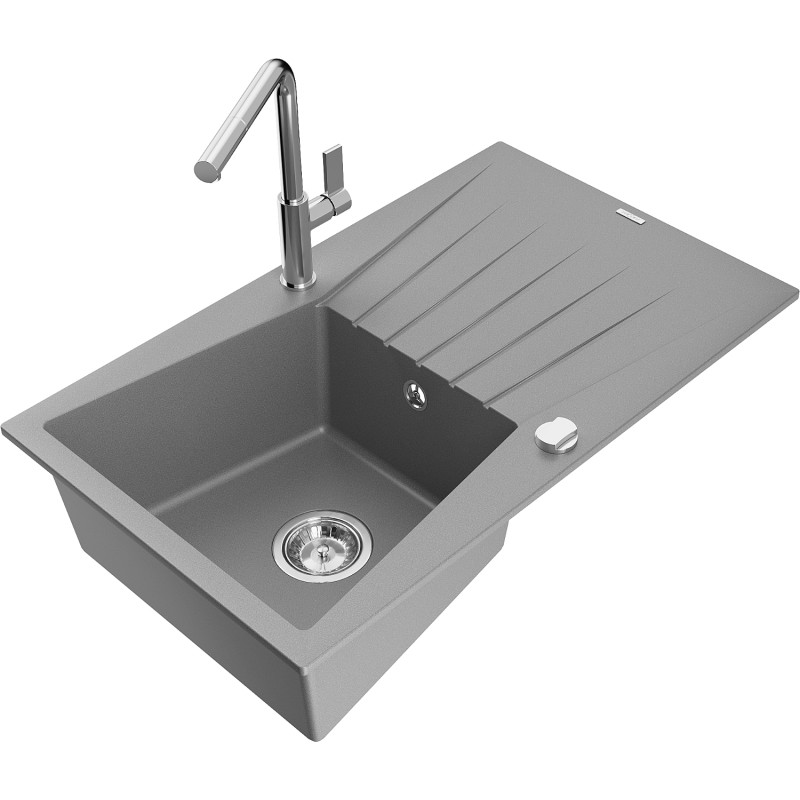 Mexen Cesar chiuvetă de bucătărie granit 1-cameră cu scurgător și baterie Flora, gri - 6514-71-670401-00