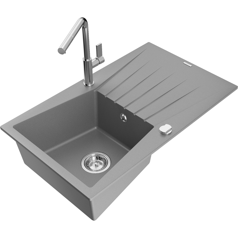 Mexen Cesar chiuvetă de granit cu 1 compartiment, cu scurgător și baterie de bucătărie Flora, gri - 6514-71-670401-00