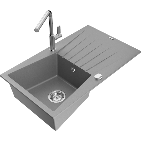 Mexen Cesar chiuvetă de granit cu 1 compartiment, cu scurgător și baterie de bucătărie Flora, gri - 6514-71-670401-00